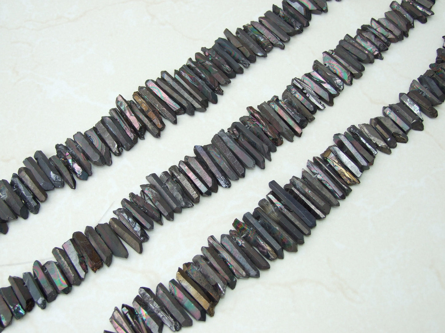 Black Angel Aura Quartz Cluster Point, AB Titanium Quartz Points Strand, Raw Quartz Points Drilled, Quartz Crystals Points Strand of Bead - EDGBeadsandGems