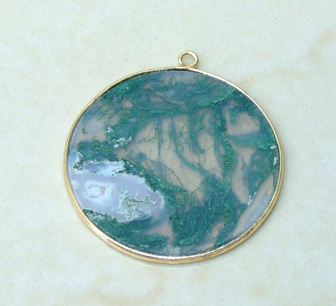 Moss Agate Pendant, Gemstone Pendant, Thin Agate Slice, Polished Agate, Round, Gold Bezel, Jewelry Stones, Necklace Pendant, 30mm - EDGBeadsandGems