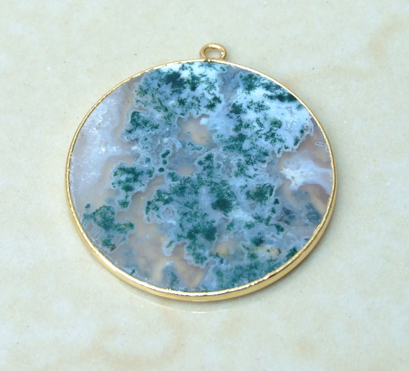 Moss Agate Pendant, Gemstone Pendant, Thin Agate Slice, Polished Agate, Round, Gold Bezel, Jewelry Stones, Necklace Pendant, 30mm - EDGBeadsandGems