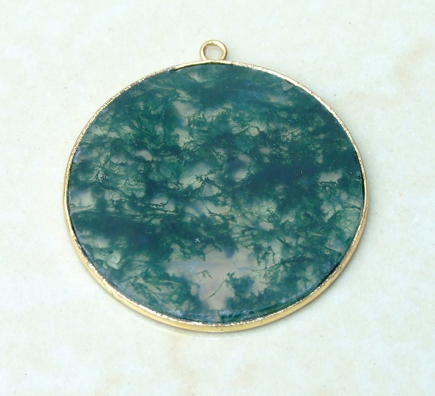 Moss Agate Pendant, Gemstone Pendant, Thin Agate Slice, Polished Agate, Round, Gold Bezel, Jewelry Stones, Necklace Pendant, 30mm - EDGBeadsandGems