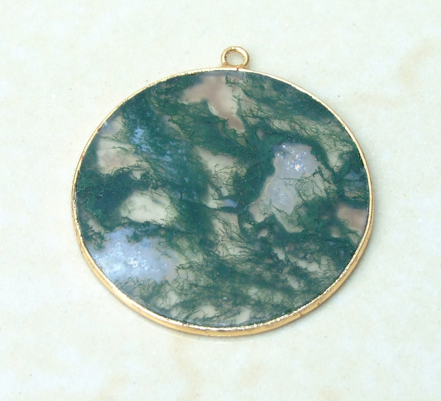 Moss Agate Pendant, Gemstone Pendant, Thin Agate Slice, Polished Agate, Round, Gold Bezel, Jewelry Stones, Necklace Pendant, 30mm - EDGBeadsandGems