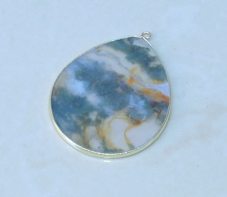 Moss Agate Pendant, Gemstone Pendant, Thin Polished Agate Slice, Teardrop, Gold Bezel, Jewelry Stones, Necklace Pendant, 30mm x 38mm - EDGBeadsandGems