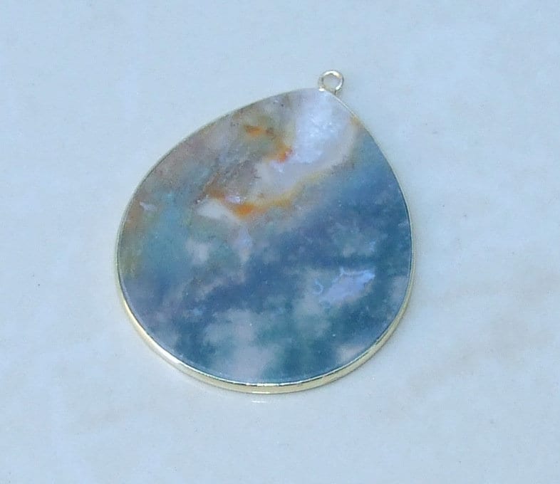 Moss Agate Pendant, Gemstone Pendant, Thin Polished Agate Slice, Teardrop, Gold Bezel, Jewelry Stones, Necklace Pendant, 30mm x 38mm - EDGBeadsandGems