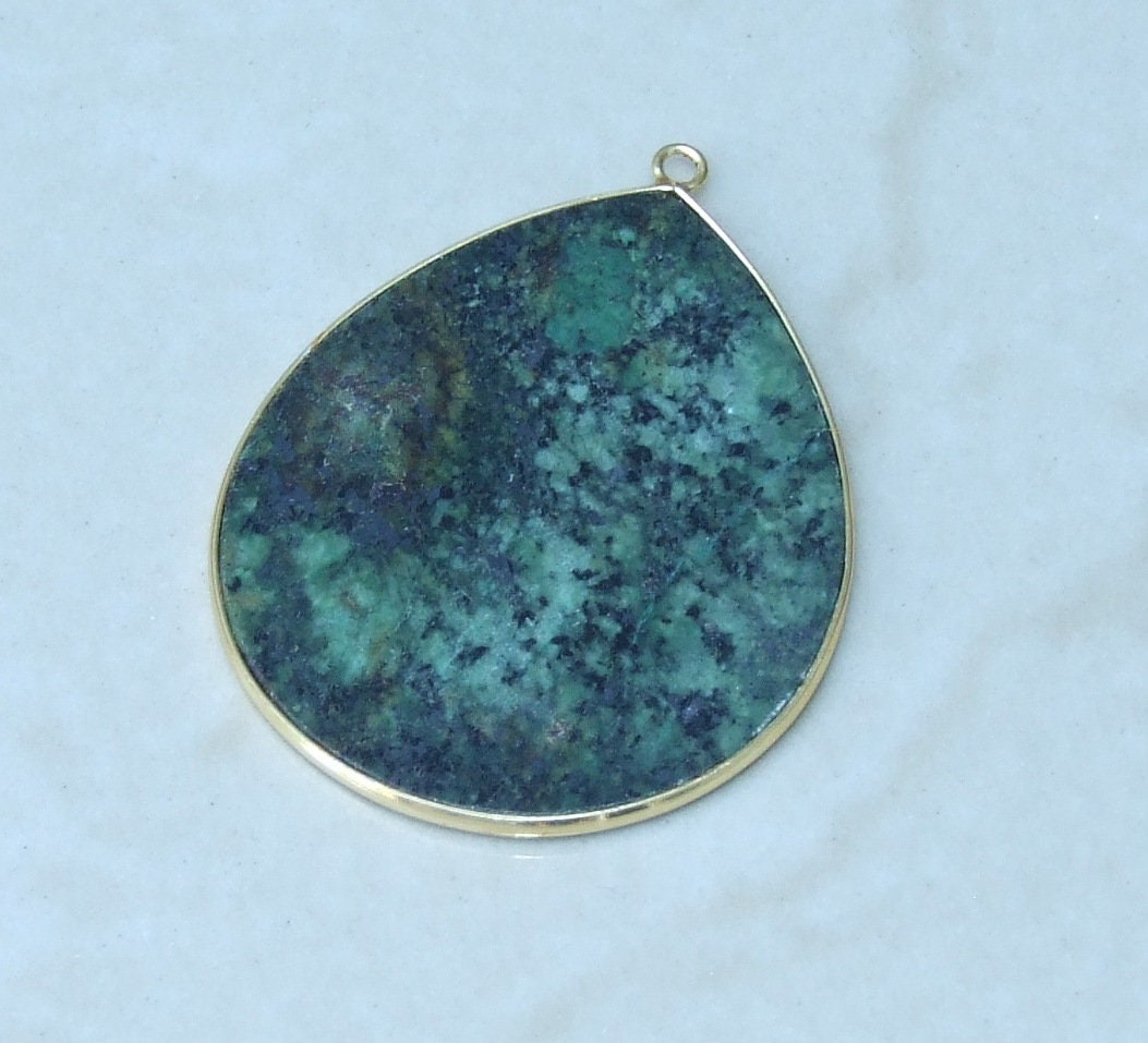 African Turquoise Pendant, Gemstone Pendant, Slice Pendant, Gold Plated Bezel and Bail, Teardrop Pendant, Thin and Polished - 32mm x 38mm - EDGBeadsandGems