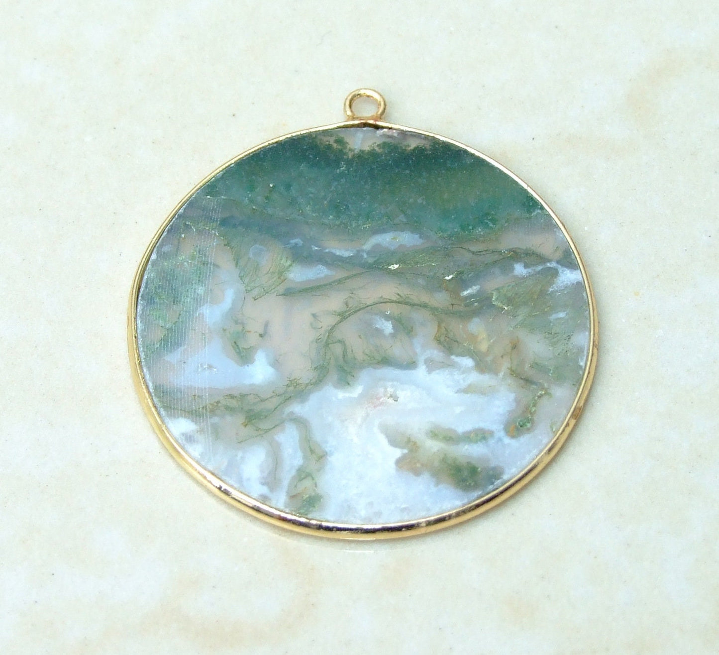 Moss Agate Pendant, Gemstone Pendant, Thin Agate Slice, Polished Agate, Round, Gold Bezel, Jewelry Stones, Necklace Pendant, 30mm - EDGBeadsandGems