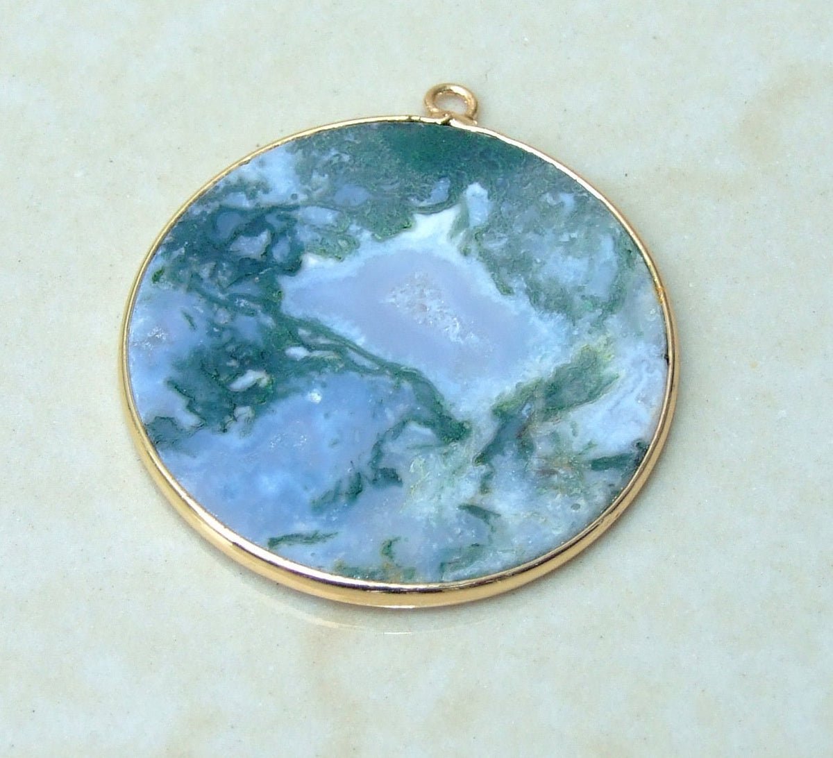 Moss Agate Pendant, Gemstone Pendant, Thin Agate Slice, Polished Agate, Round, Gold Bezel, Jewelry Stones, Necklace Pendant, 32mm - EDGBeadsandGems