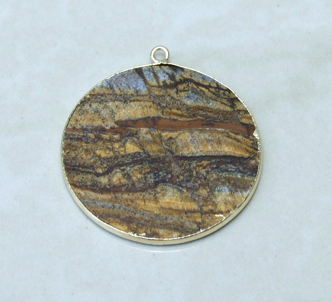 Tiger Eye Pendant, Gemstone Pendant, Thin Slice Pendant, Highly Polished, Round, Gold Bezel, Jewelry Necklace Pendant, 30mm - EDGBeadsandGems