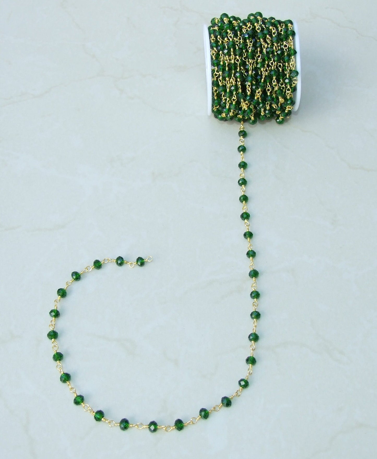 Dark Emerald Green Glass Rosary Chain, Bulk Chain, Rondelle Glass Beads, Beaded Chain, Body Chain Jewelry Chain, Gold Chain, Belly Chain 6mm - EDGBeadsandGems