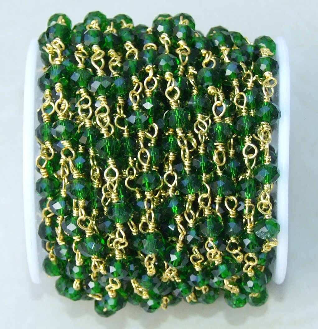 Dark Emerald Green Glass Rosary Chain, Bulk Chain, Rondelle Glass Beads, Beaded Chain, Body Chain Jewelry Chain, Gold Chain, Belly Chain 6mm - EDGBeadsandGems