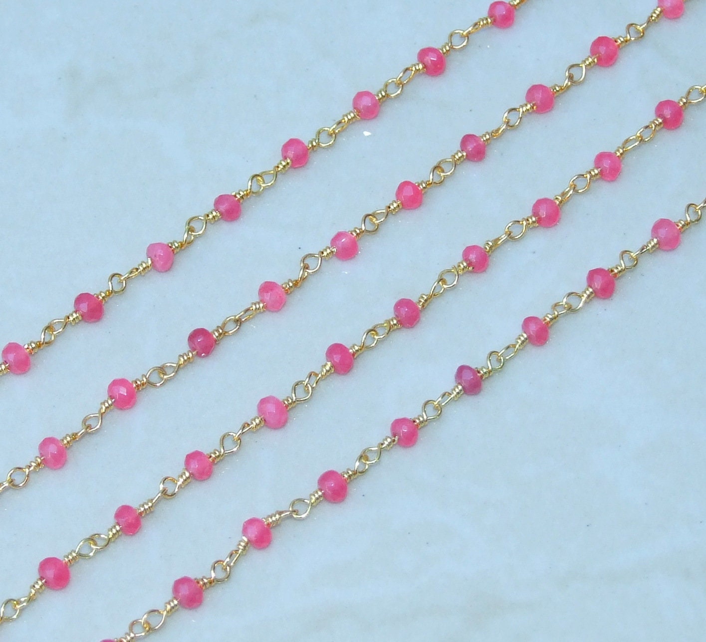 Pink Jade Faceted Rondelle Bead Rosary Chain, Bulk Chain, Wire Wrapped, Beaded Chain, Body Chain, Gold Chain, Necklace Chain, Belly Chain - EDGBeadsandGems