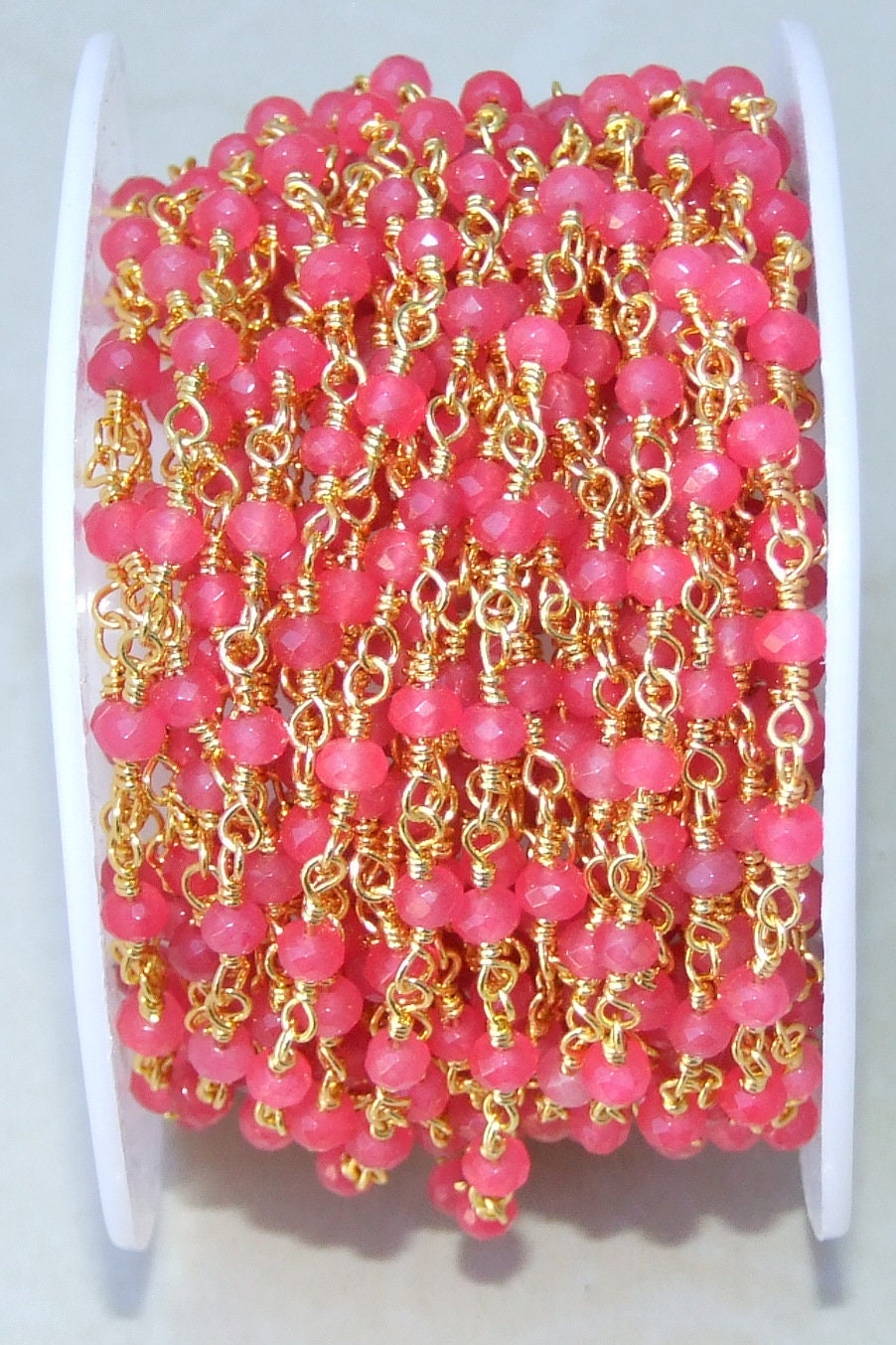Pink Jade Faceted Rondelle Bead Rosary Chain, Bulk Chain, Wire Wrapped, Beaded Chain, Body Chain, Gold Chain, Necklace Chain, Belly Chain - EDGBeadsandGems