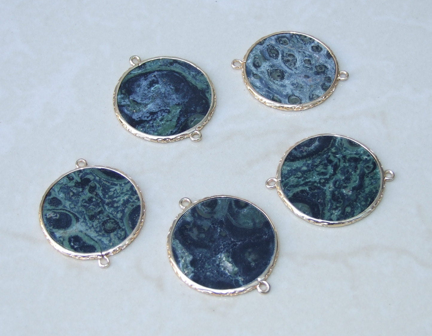 Kambaba Jasper Connector, Gemstone Pendant, Fossilized Algae Slice, Thin, Polished, Round, Gemstone Beads, Filigree Bezel - 32mm - EDGBeadsandGems