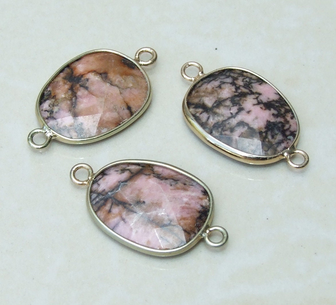 Rhodonite Faceted Connector, Faceted Gemstone Connector, Stone Pendant, Rhodonite Pendant, Gemstone Pendant, Gold Bezel, 18mm x 24mm 01D - EDGBeadsandGems