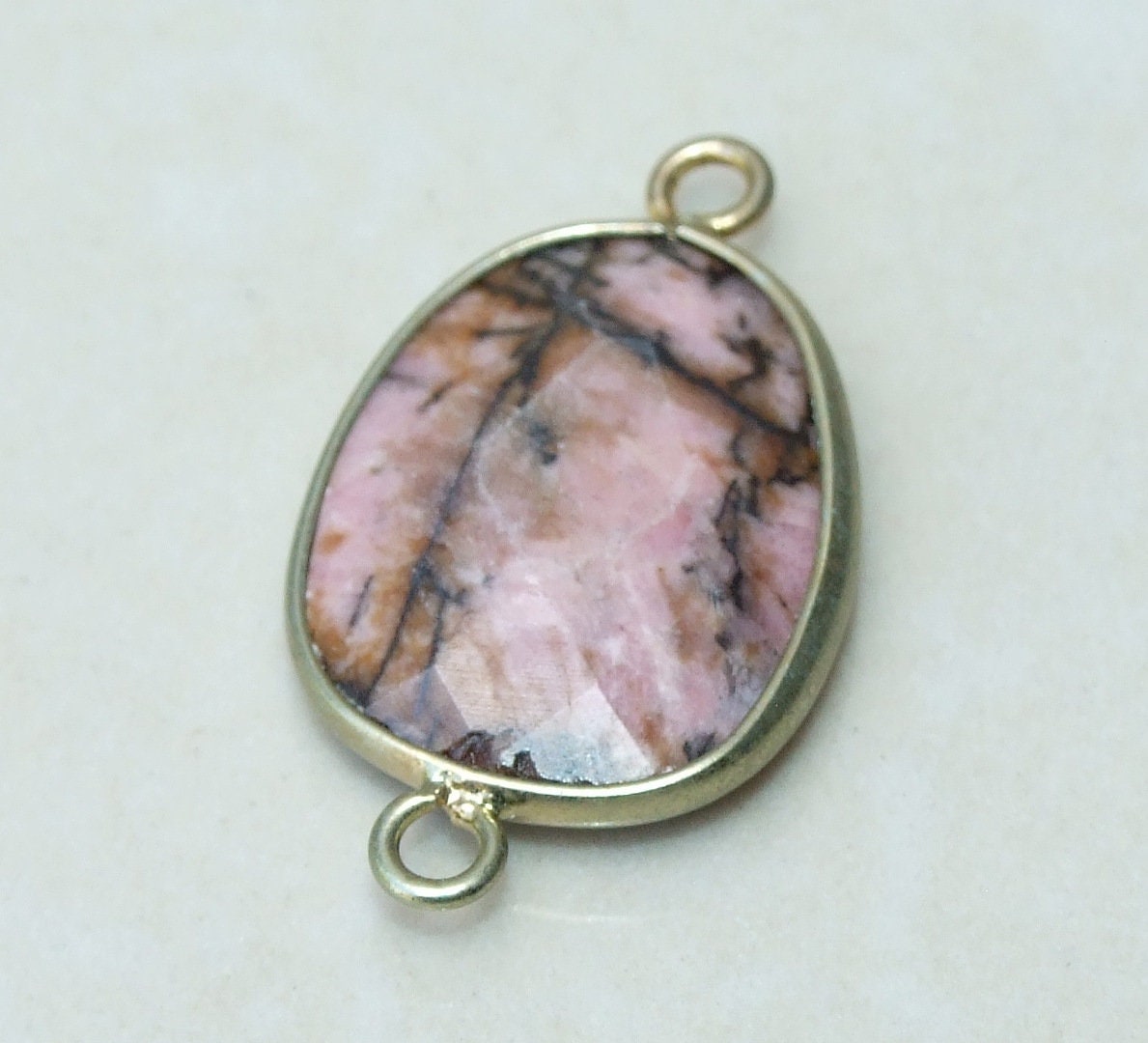 Rhodonite Faceted Connector, Faceted Gemstone Connector, Stone Pendant, Rhodonite Pendant, Gemstone Pendant, Gold Bezel, 18mm x 24mm 01D - EDGBeadsandGems