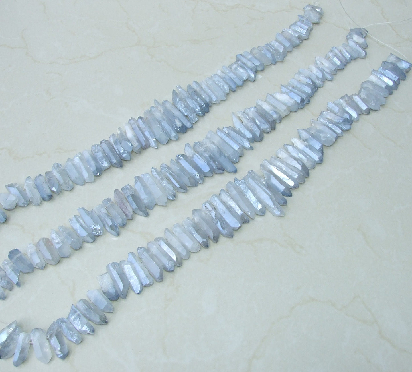 Clear Silver Blue Titanium Quartz Points, Quartz Crystal, Crystal Points, Raw Crystal Quartz, Full - Half Strand, Gemstone Beads - 20-40mm - EDGBeadsandGems