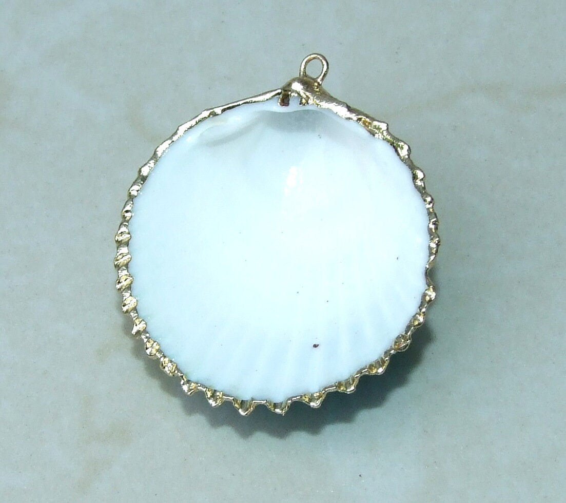 Hand Painted Natural Sea Shell Pendant, Seashell Bead, Shell Pendant, Charm, Clam Shell, Shell Jewelry, Yellow and Blue - 35-40mm - 04C - EDGBeadsandGems