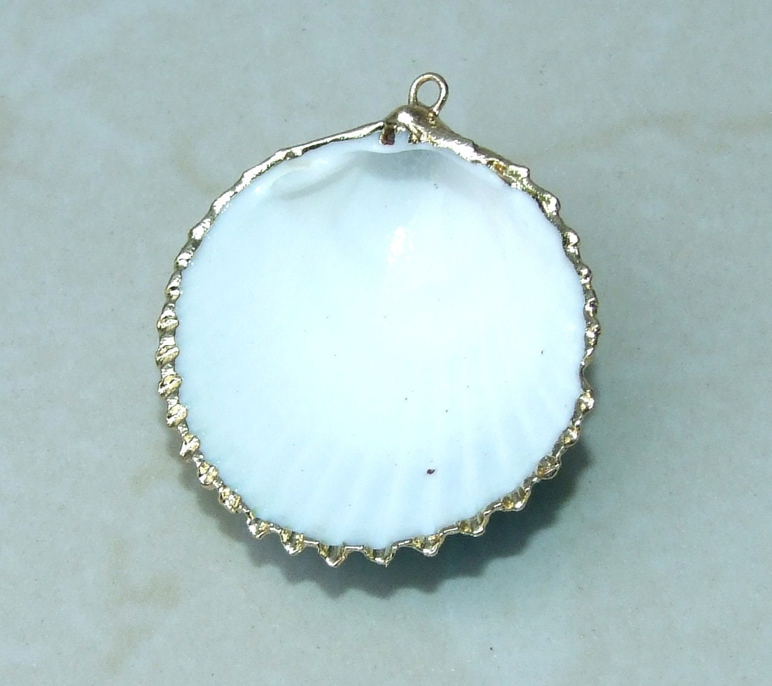 Hand Painted Natural Sea Shell Pendant, Seashell Bead, Shell Pendant, Charm, Clam Shell, Shell Jewelry, Yellow and Blue - 35-40mm - 04C - EDGBeadsandGems