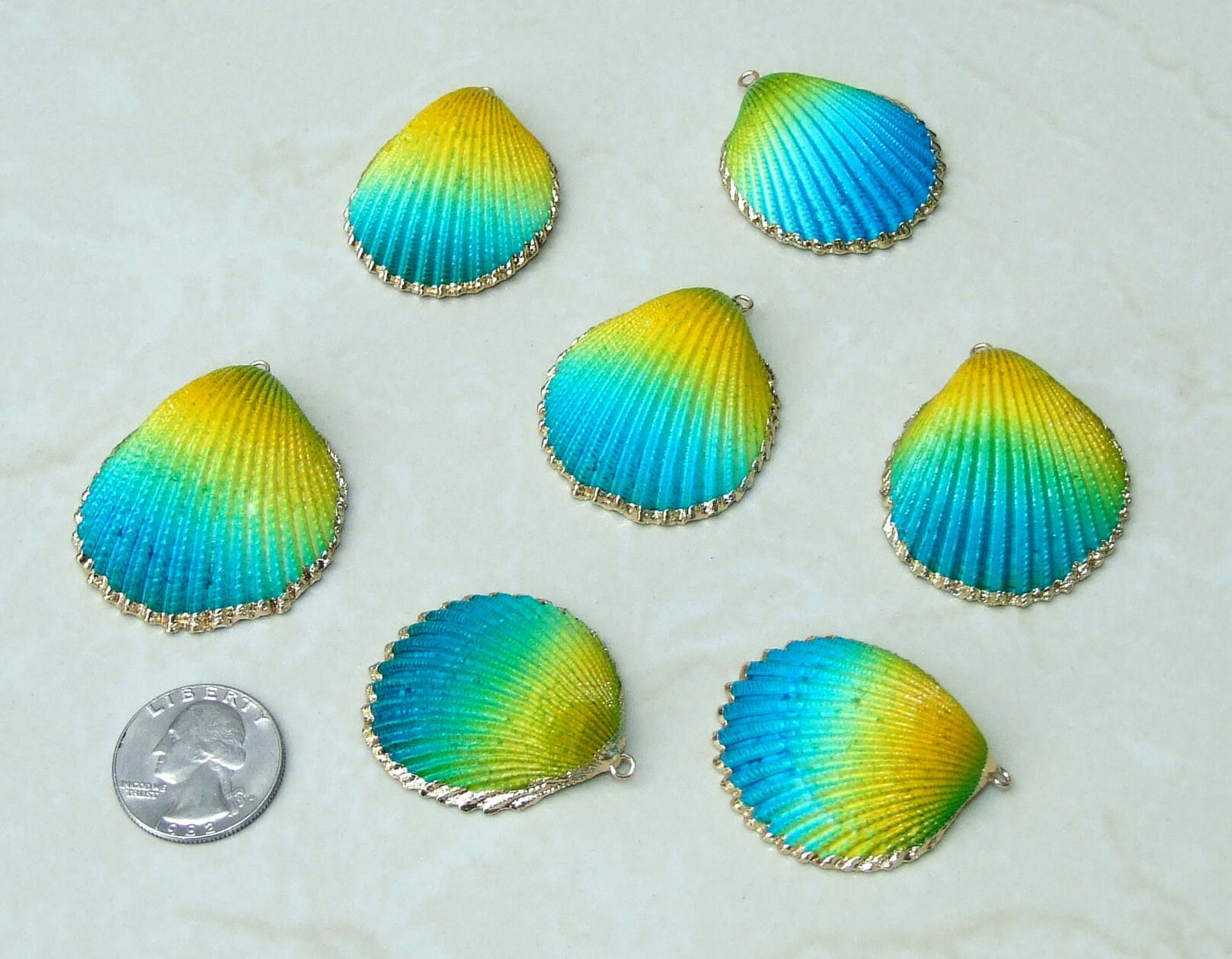 Hand Painted Natural Sea Shell Pendant, Seashell Bead, Shell Pendant, Charm, Clam Shell, Shell Jewelry, Yellow and Blue - 35-40mm - 04C - EDGBeadsandGems