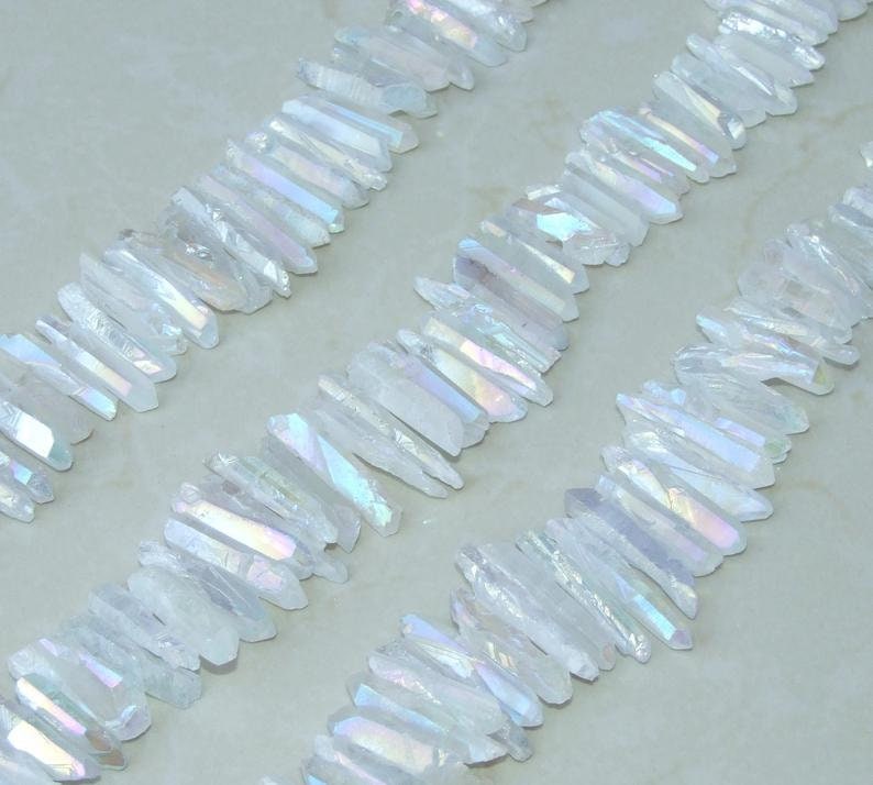 Clear AB Titanium Quartz Cluster Point, Angel Aura Points Strand, Raw Quartz Points Drilled, Quartz Crystals Points Strand of Beads 20-40mm - EDGBeadsandGems