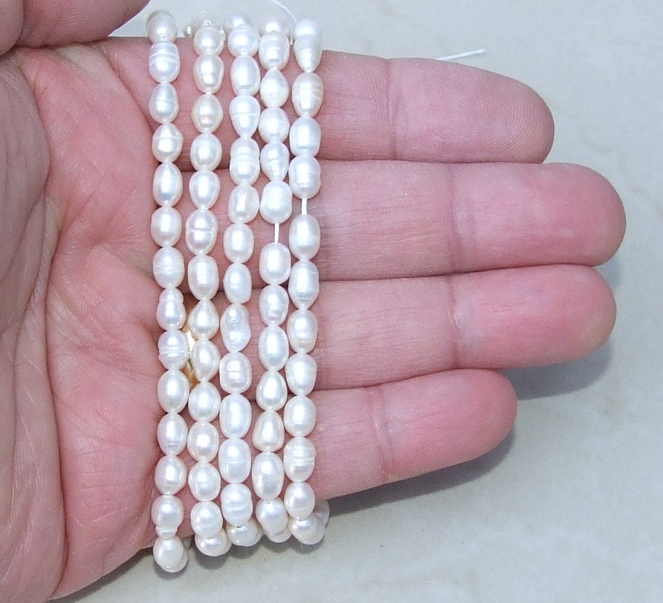 Natural Cultured Freshwater Pearl Beads, Rice Shape, 6mm x 7mm, Half strand, 05D - EDGBeadsandGems