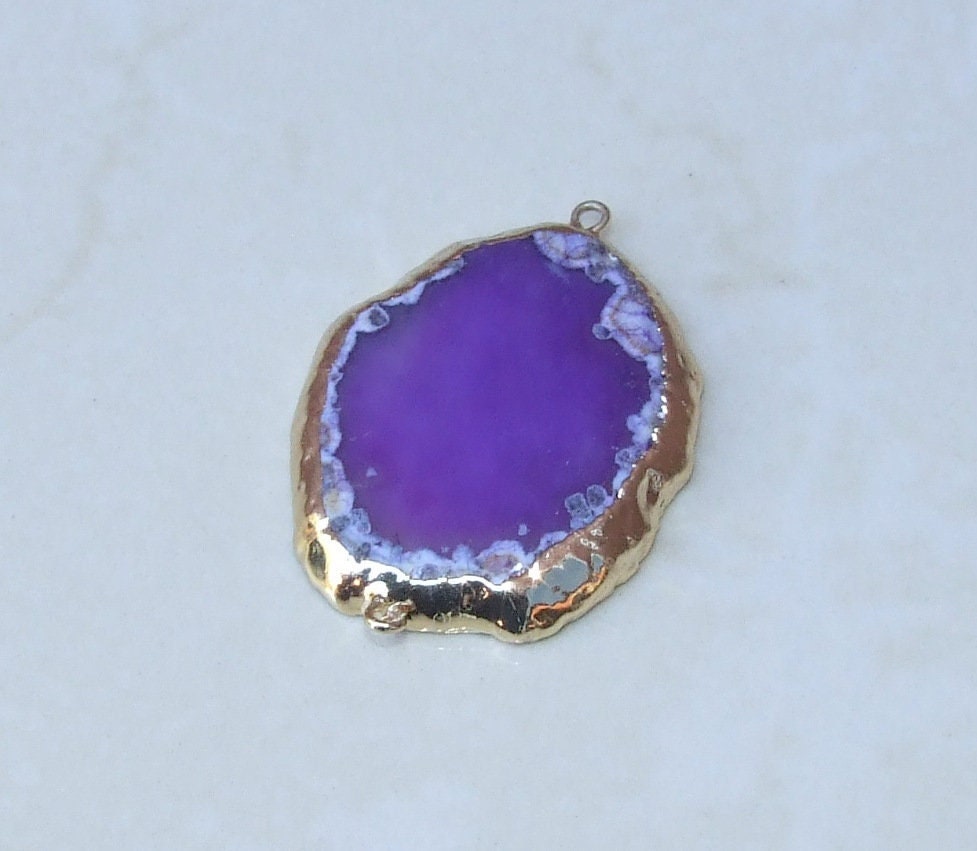 Purple Agate Slice Connector - Geode Slice Connector - Gold Plated Edge - Druzy - Gemstone Connector - Stone Connector- 35mm x 44mm - 5225 - EDGBeadsandGems