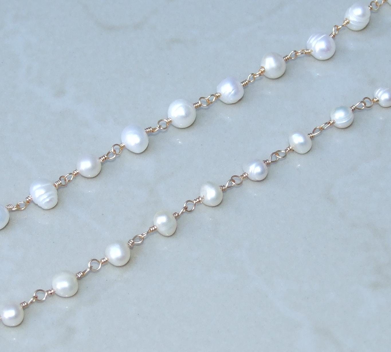 White Freshwater Pearl Rosary 18k Chain, Wire Wrapped Chain, Natural Freshwater Pearls - Potato Shaped Pearls - 5.5-7mm, By the Foot - EDGBeadsandGems