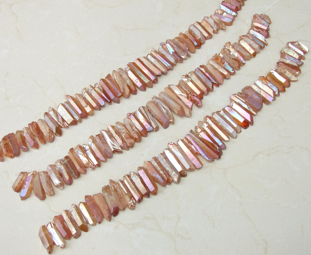 Thick Orange Peach Titanium Angel Aura Quartz Point, Titanium Quartz Points Strand, Raw Quartz, Crystal Point Strand, Gemstone, 20-40+mm - EDGBeadsandGems