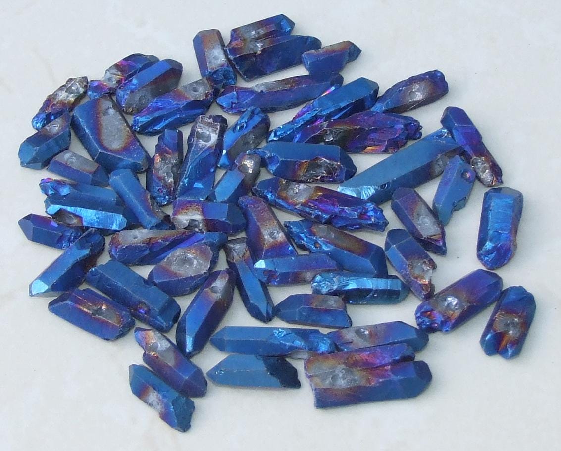 Unstrung Drilled Blue Indigo Raw Titanium Quartz Point, Quartz Beads, Raw Quartz Points, Quartz Crystals Beads, 20-40mm, 25/50 - EDGBeadsandGems