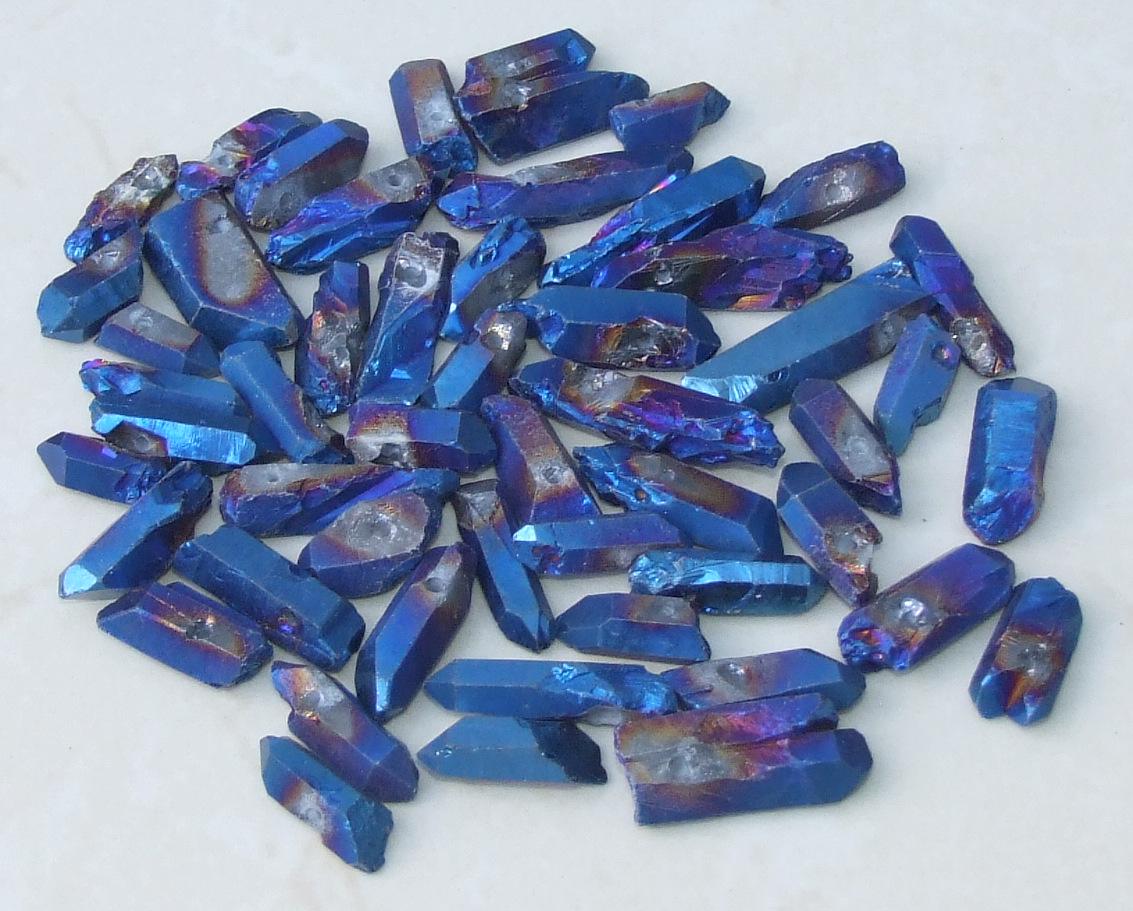 Unstrung Drilled Blue Indigo Raw Titanium Quartz Point, Quartz Beads, Raw Quartz Points, Quartz Crystals Beads, 20-30mm, 25/50 - EDGBeadsandGems