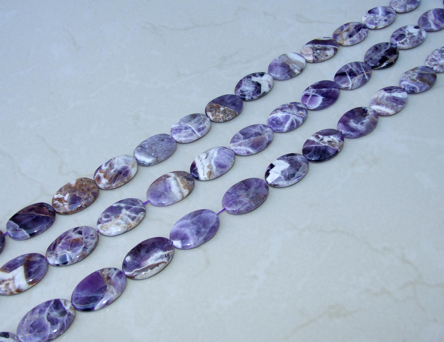 Amethyst Polished Oval Stone, Natural Stone, Gemstone Beads, Center Drilled, Jewelry Stones, Half Strand, 20mm x 30mm - EDGBeadsandGems