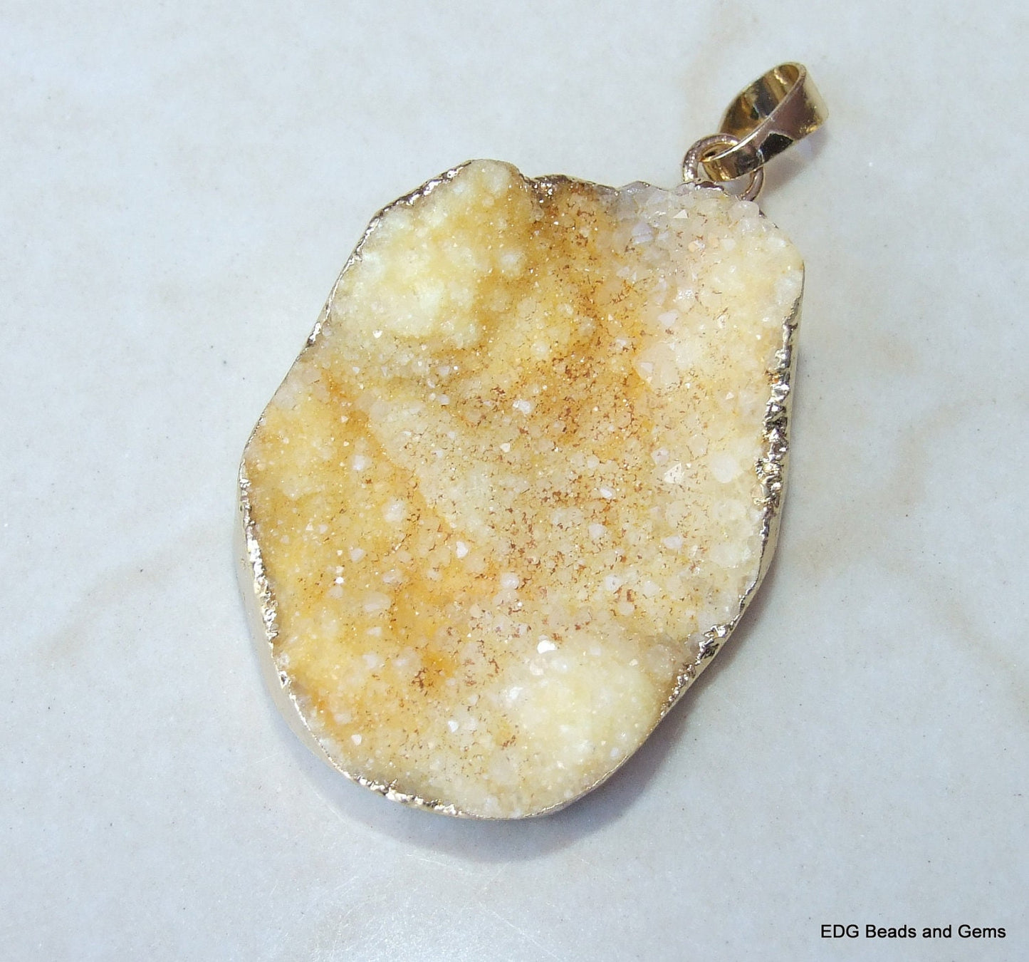 ON SALE Large Yellow Crystal Quartz Druzy Pendant, Quartz Druzy Pendant - Geode - Gold Edge - 30mm x 37mm - 6883 - EDGBeadsandGems