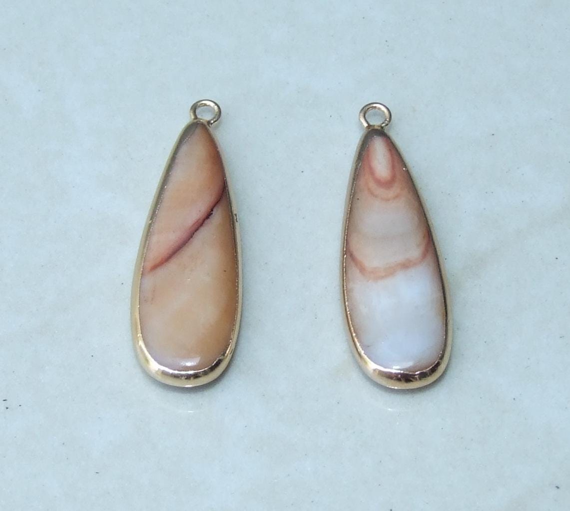 Natural Freshwater Shell Pendant, Gemstone Pendant, Gold Edge, Beach Jewelry, Seashell Pendant, 10-12mm x 30-35mm, Blue & Mocha Brown -7-03A - EDGBeadsandGems