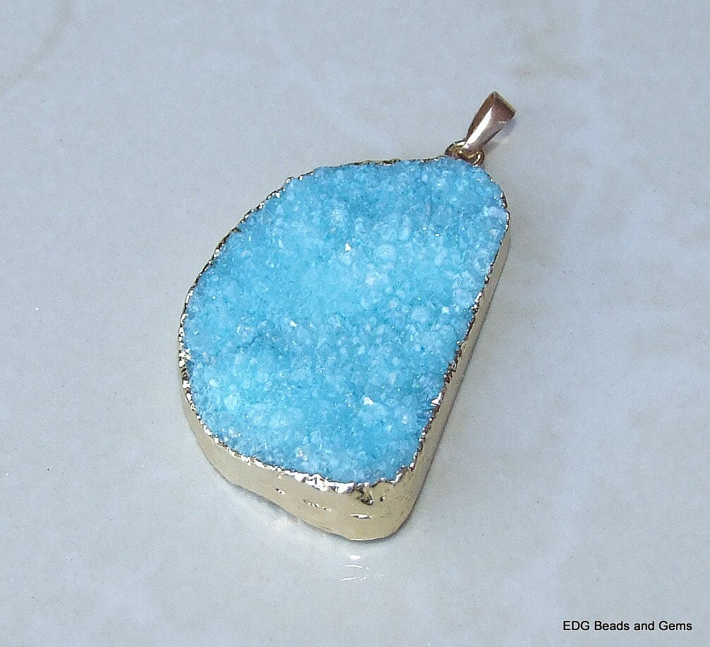 Blue, Druzy Pendant, Agate Slice, Geode Pendant, Gemstone Pendant, Druzy Bracelet, Druzy Quartz, Large Geode, - 32mm x 46mm - 8907 - EDGBeadsandGems