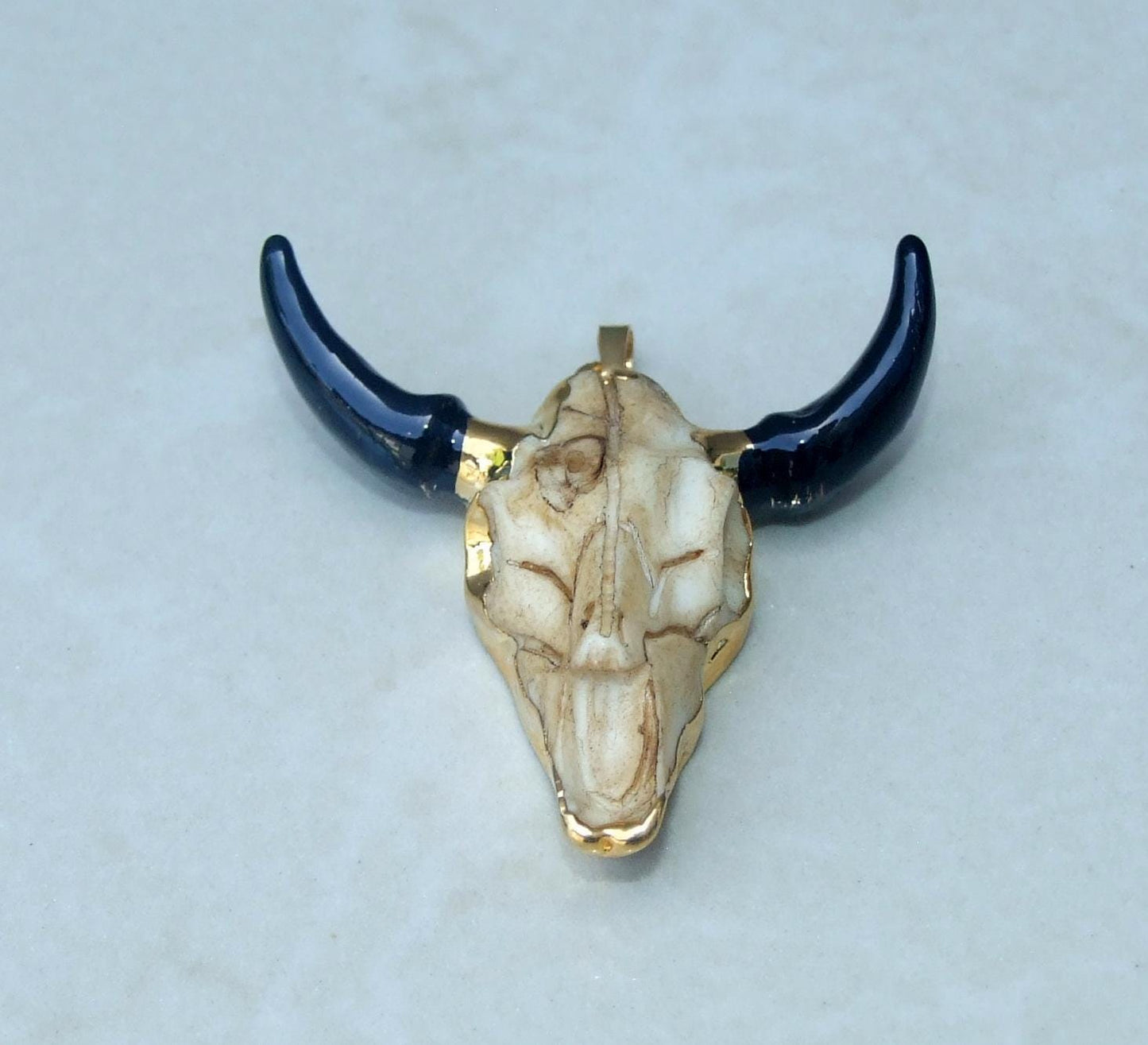 Gold and Black Longhorn Cattle Skull Pendant - Skull Pendant - Buffalo Skull Pendant - Cow Horn - Charm- Gold Plated - 45mm x 45mm - EDGBeadsandGems