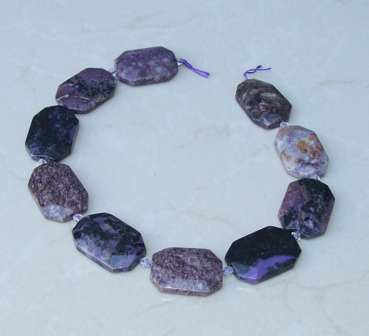 Charoite Faceted Bead Strand, Natural 25mm X 35mm Emerald-Cut Stones, Center-Drilled Gemstone Strand for Jewelry Making & Healing - 8299 - EDGBeadsandGems