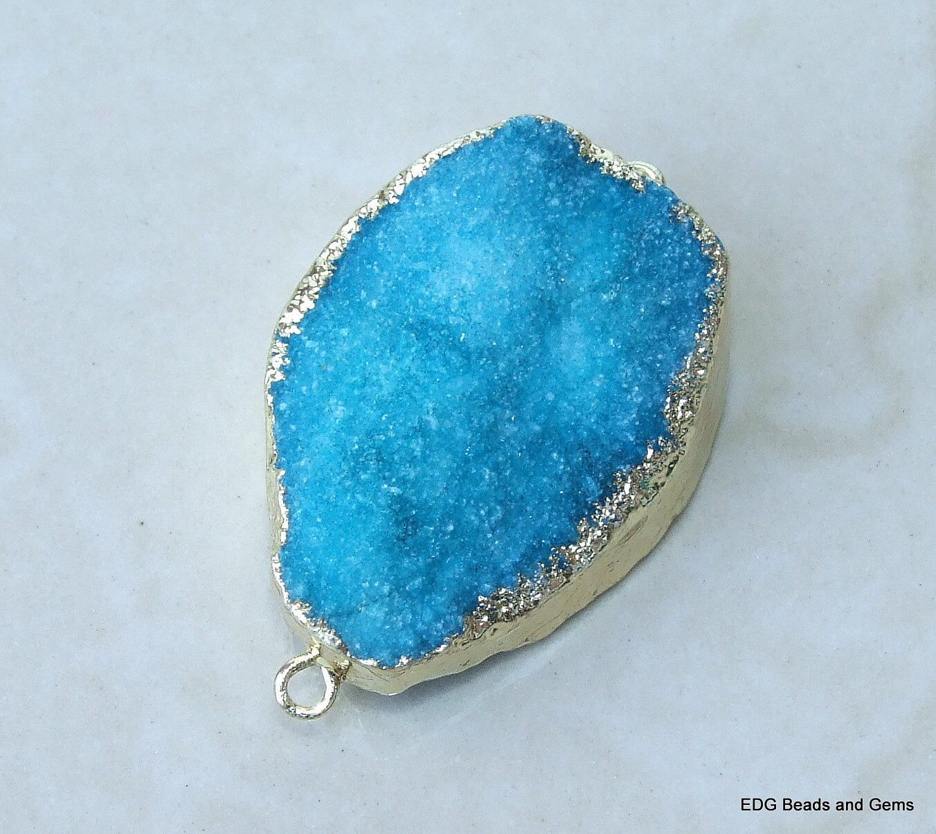 Ocean Blue - Druzy Connector - Quartz Druzy Agate - Druzy Connector- Druzy Pendant - Gold Plated Edge and Loops - 26mm x 35mm - 2750 - EDGBeadsandGems