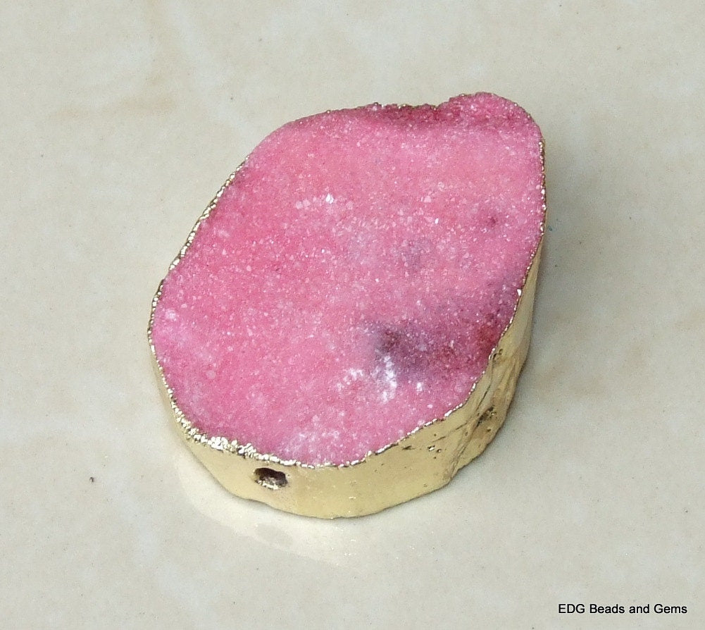 20% Off Pink Druzy Connector, Druzy Pendant. Gold Plated Edge - Center Drilled - Crystal Druzy Agate Pendant Bead - 32mm x 44mm - 4805 - EDGBeadsandGems