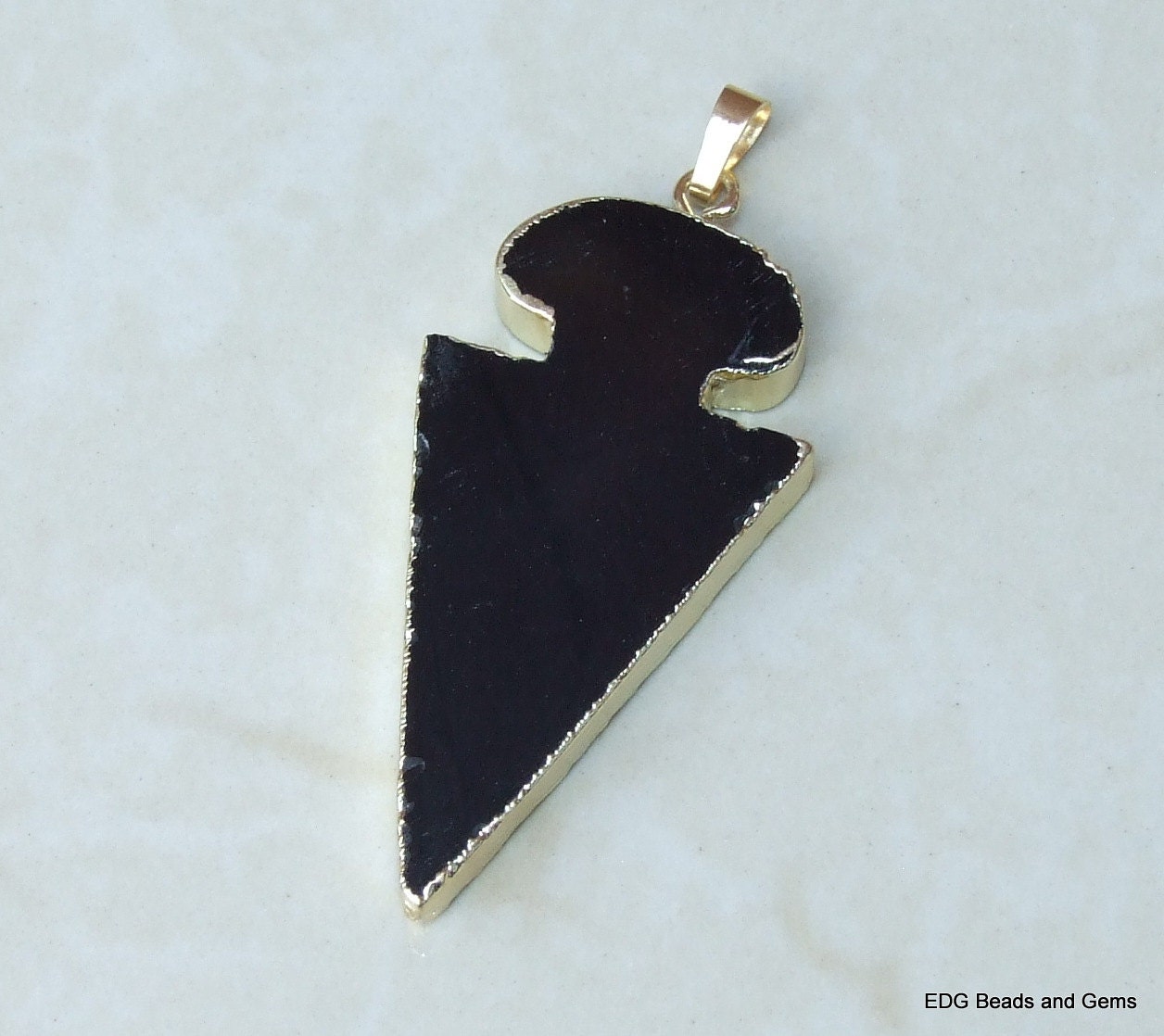 Black Agate Arrowhead Pendant. Arrow - Arrow Druzy Slab Bead - Black Agate Slab Pendant - Gold Plated Edge and Bail - 26mm x 53mm - 7567 - EDGBeadsandGems