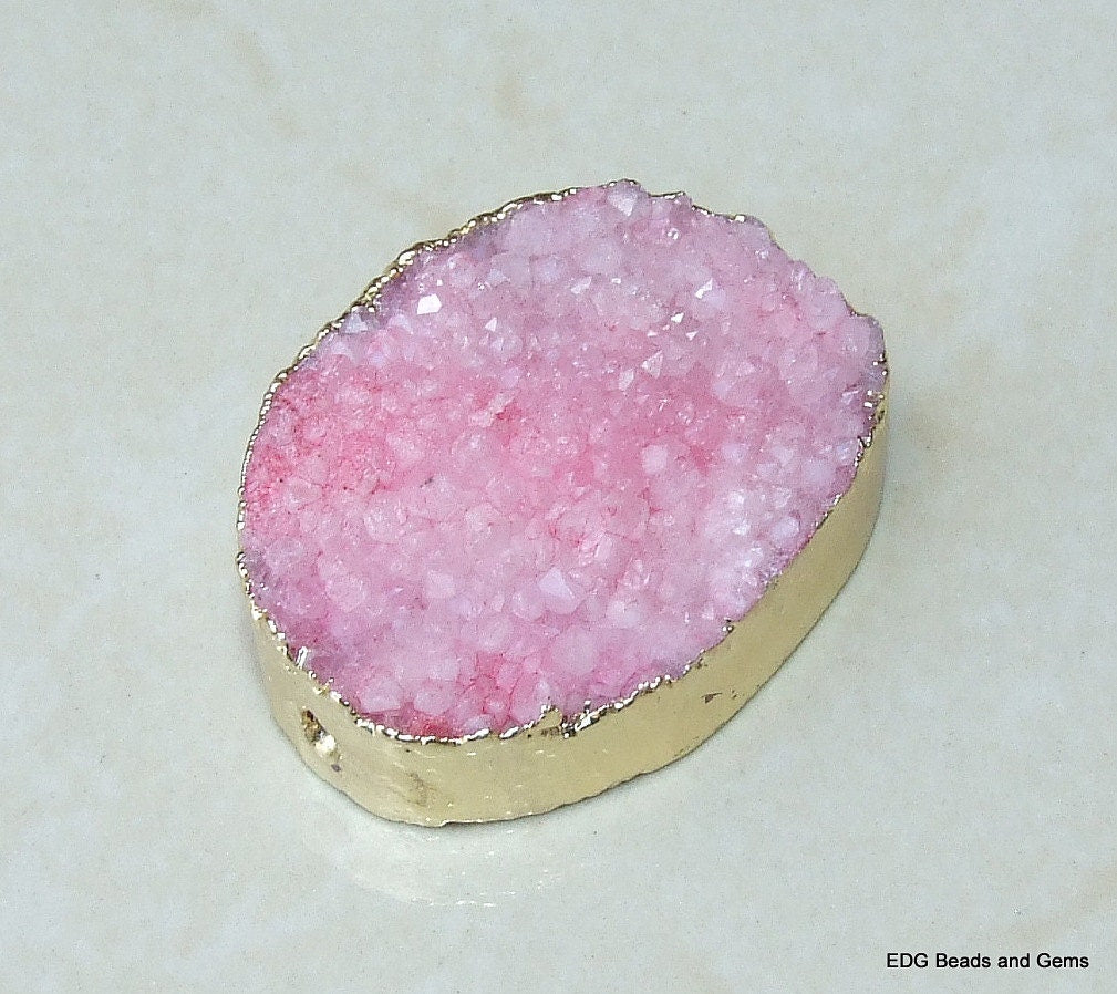 20% Off Pink Druzy Connector, Druzy Pendant. Gold Plated Edge - Center Drilled - Crystal Druzy Agate Pendant Bead - 32mm x 44mm - 8593 - EDGBeadsandGems