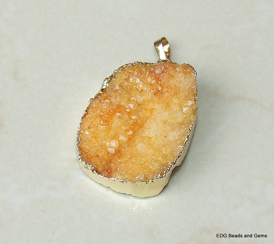 ON SALE Large Orange Crystal Quartz Druzy Pendant, Quartz Druzy Pendant - Geode - Gold Edge - 32mm x 41mm - 575 - EDGBeadsandGems