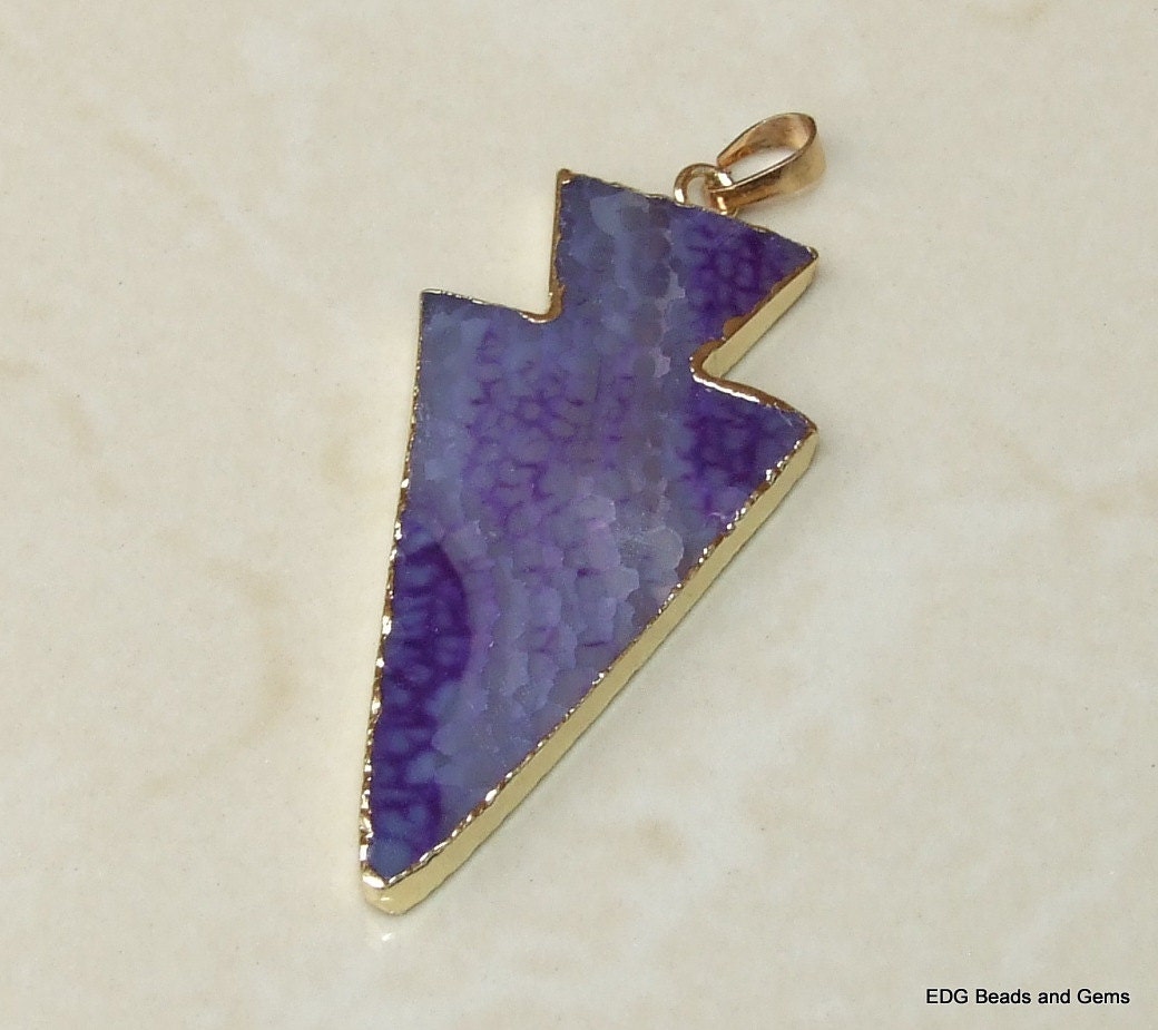 Purple Agate Arrowhead Pendant. Arrow - Arrow Druzy Slab Bead - Arrow Druzy - Gold Plated Edge and Bail - 29mm x 57mm - 3040 - EDGBeadsandGems
