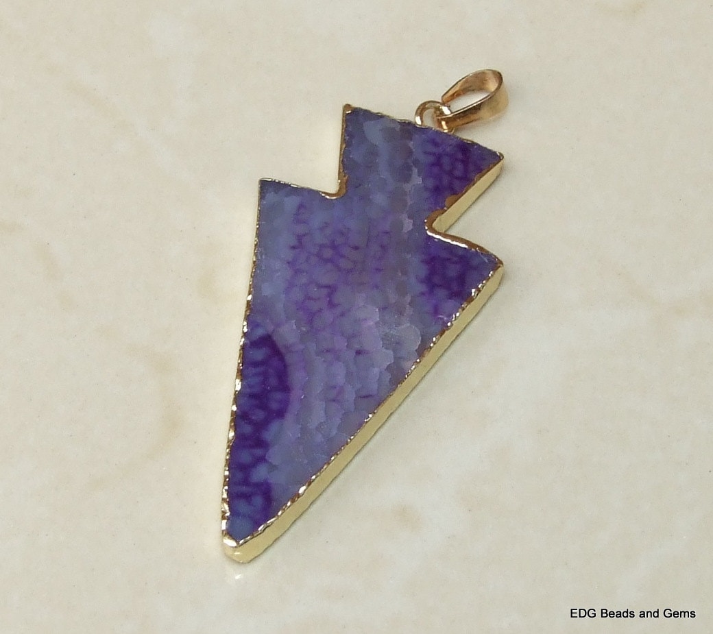 Purple Agate Arrowhead Pendant. Arrow - Arrow Druzy Slab Bead - Arrow Druzy - Gold Plated Edge and Bail - 29mm x 57mm - 3040 - EDGBeadsandGems