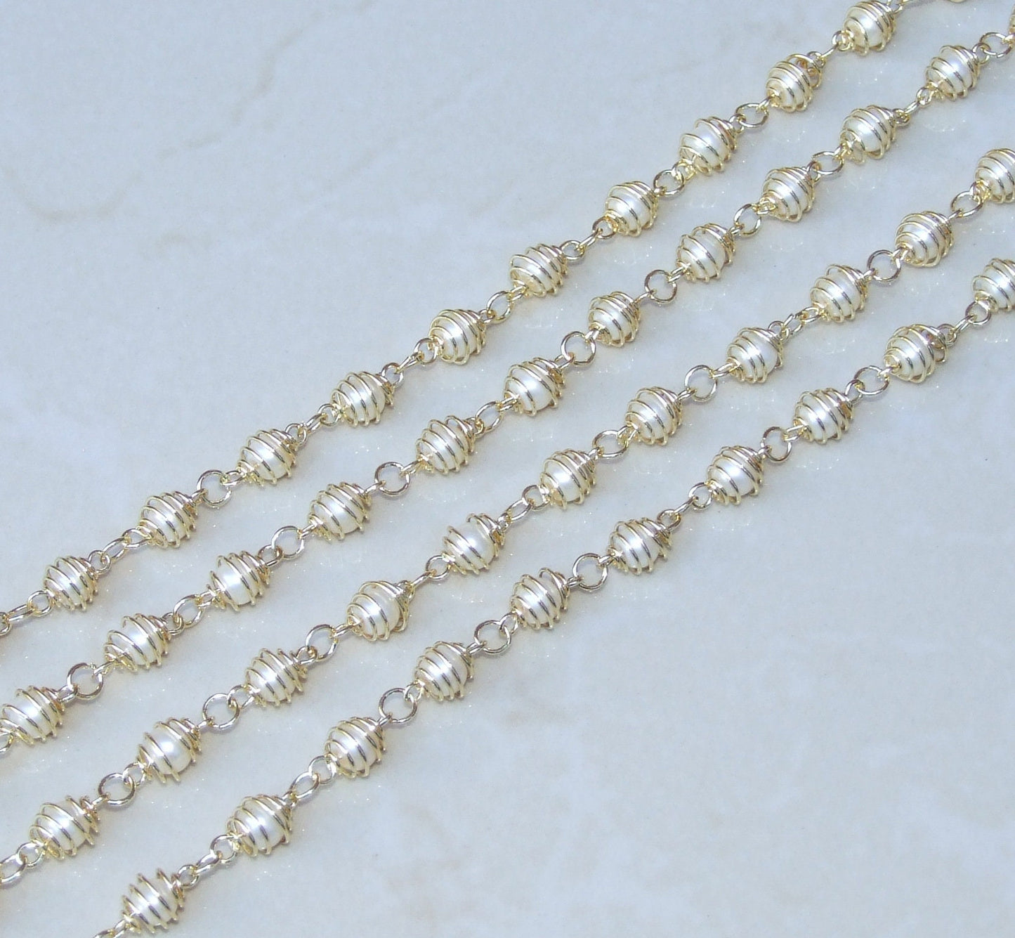 White Glass Pearl In A Cage Rosary Chain, Bulk Chain, Wire Wrapped Beaded Chain, Body Chain Jewelry, Gold Chain, Necklace Chain, Belly Chain
