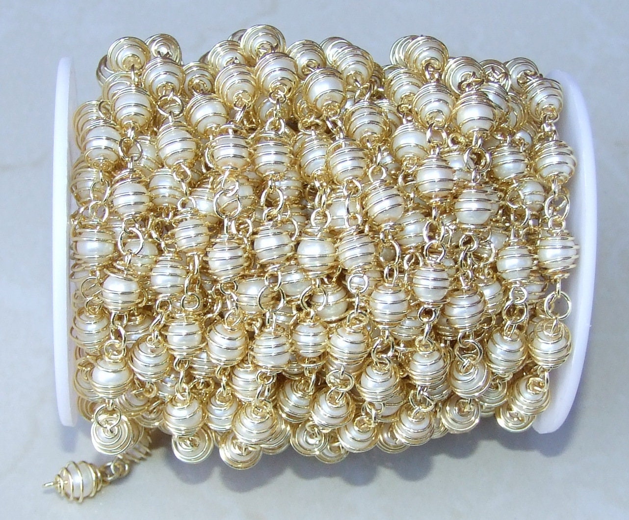 White Glass Pearl In A Cage Rosary Chain, Bulk Chain, Wire Wrapped Beaded Chain, Body Chain Jewelry, Gold Chain, Necklace Chain, Belly Chain