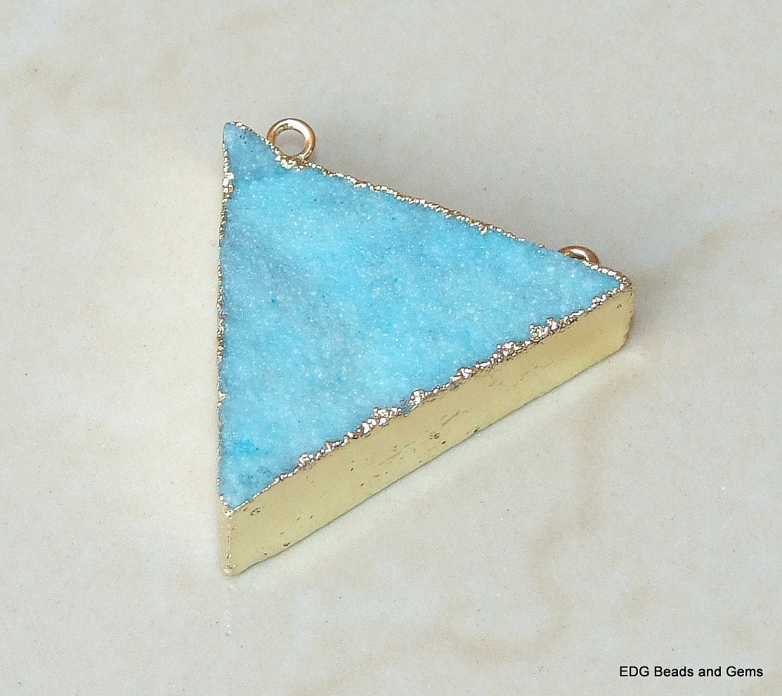 Blue Druzy Triangle Pendant, Quartz Druzy Pendant. Agate Druzy Quartz Pendant - Two Loops on Top - 31mm x 34mm - 8006 - EDGBeadsandGems