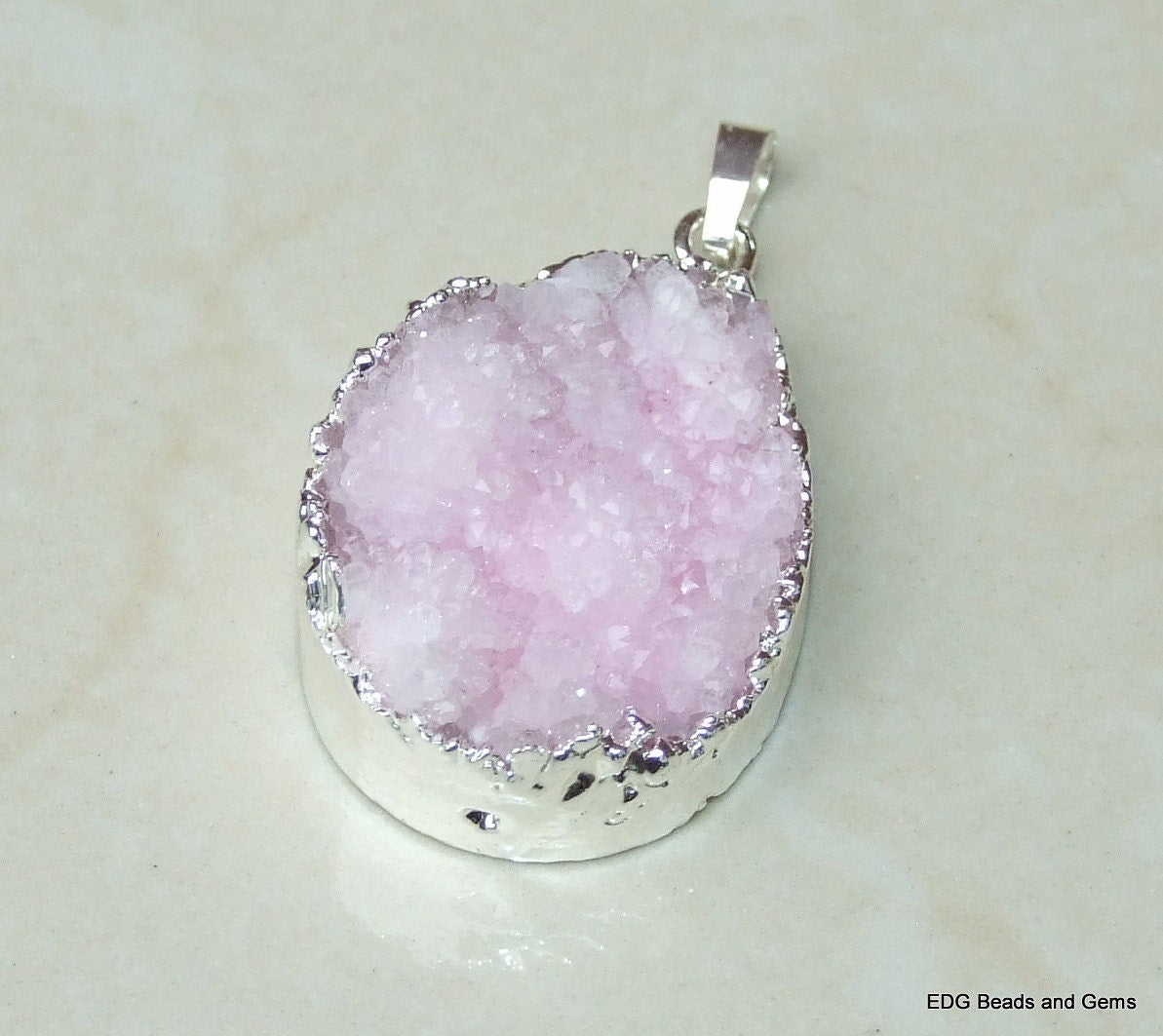 ON SALE - Pink Agate Quartz Druzy Pendant, Quartz Druzy Pendant - Geode - Silver Edge - 26mm x 37mm - 8505 - EDGBeadsandGems