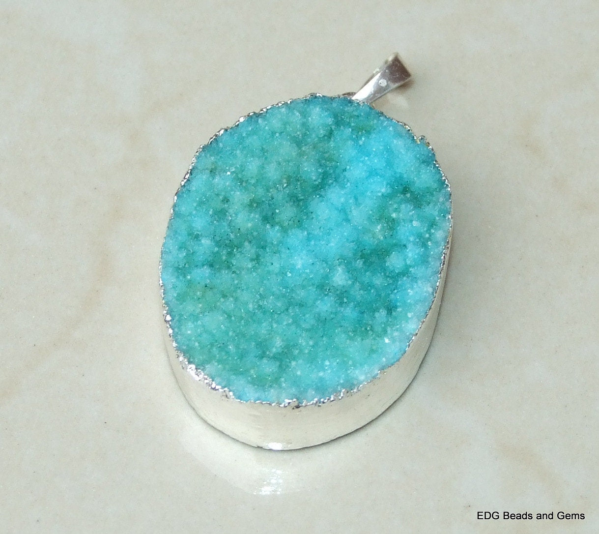 ON SALE - Blue Agate Quartz Druzy Pendant, Quartz Druzy Pendant - Geode - Silver Edge - 31mm x 40mm - 8508 - EDGBeadsandGems