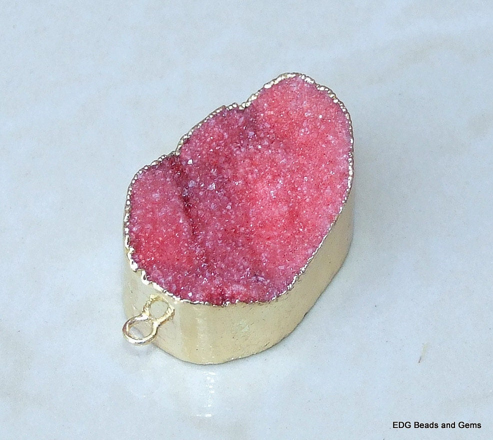 Red - Druzy Connector - Quartz Druzy Agate - Druzy Connector- Pendant - Gold Plated Edge and Loops - 21mm x 31mm - 8329 - EDGBeadsandGems
