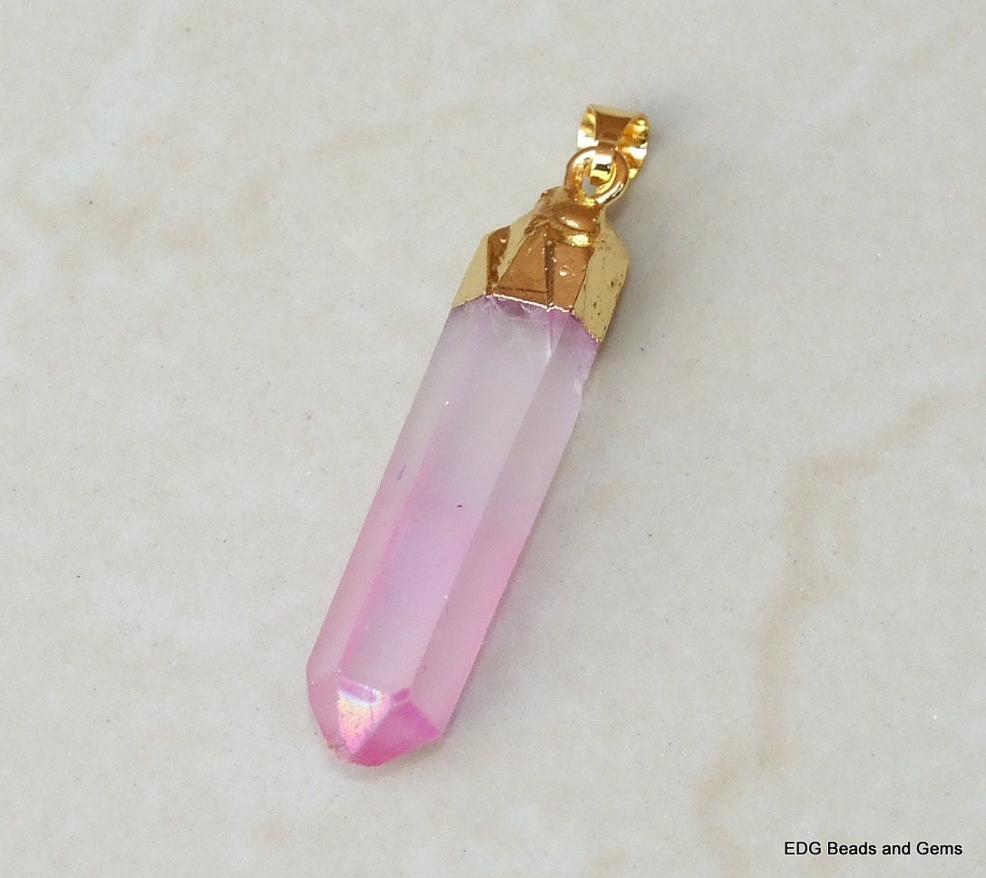 Pink AB Quartz Crystal Pendant - Rough Raw Quartz Pendant - Titanium Coated, Gemstone Pendant - Gold Plated Cap & Bail - 10mm x 42mm - 8025 - EDGBeadsandGems