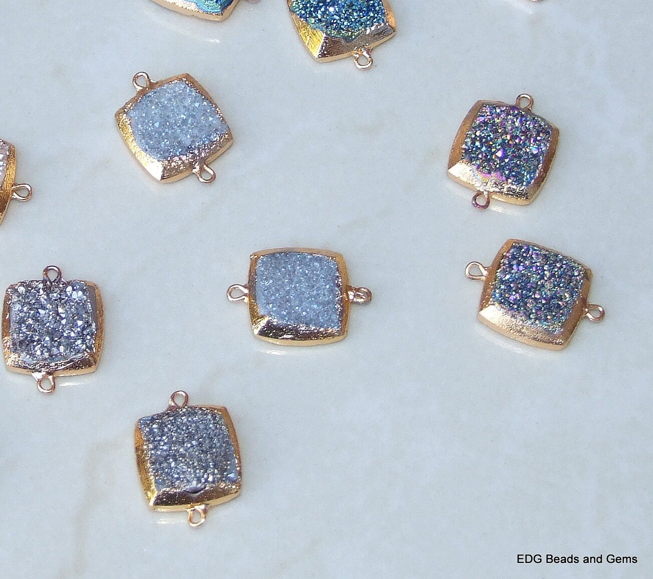 Druzy Connector. Brushed Gold Plated Edge and Loops. Druzy Quartz. Square Druzy Connector Pendant Bead - Titanium Coated - 16mm x 16mm - EDGBeadsandGems